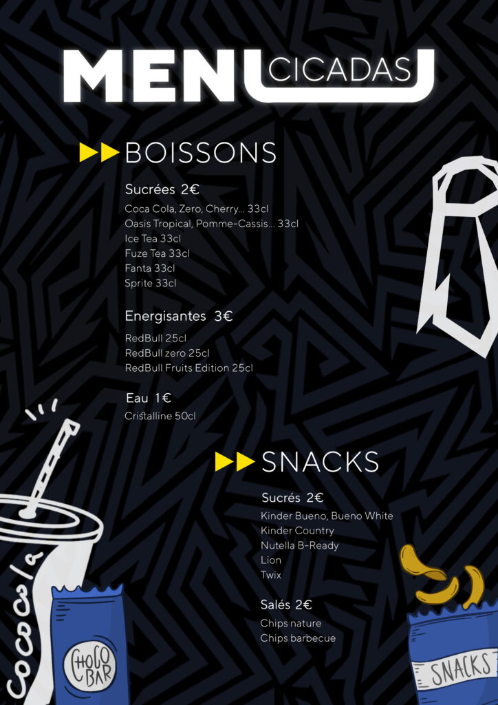Carte des menus avec l'ensemble des snacks et boissons